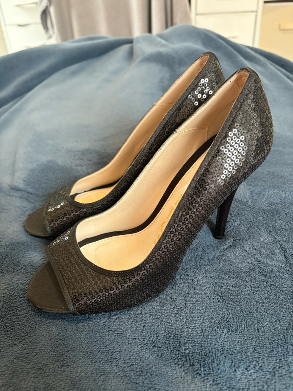👠Black Sequin Peep-Toe High Heels👠